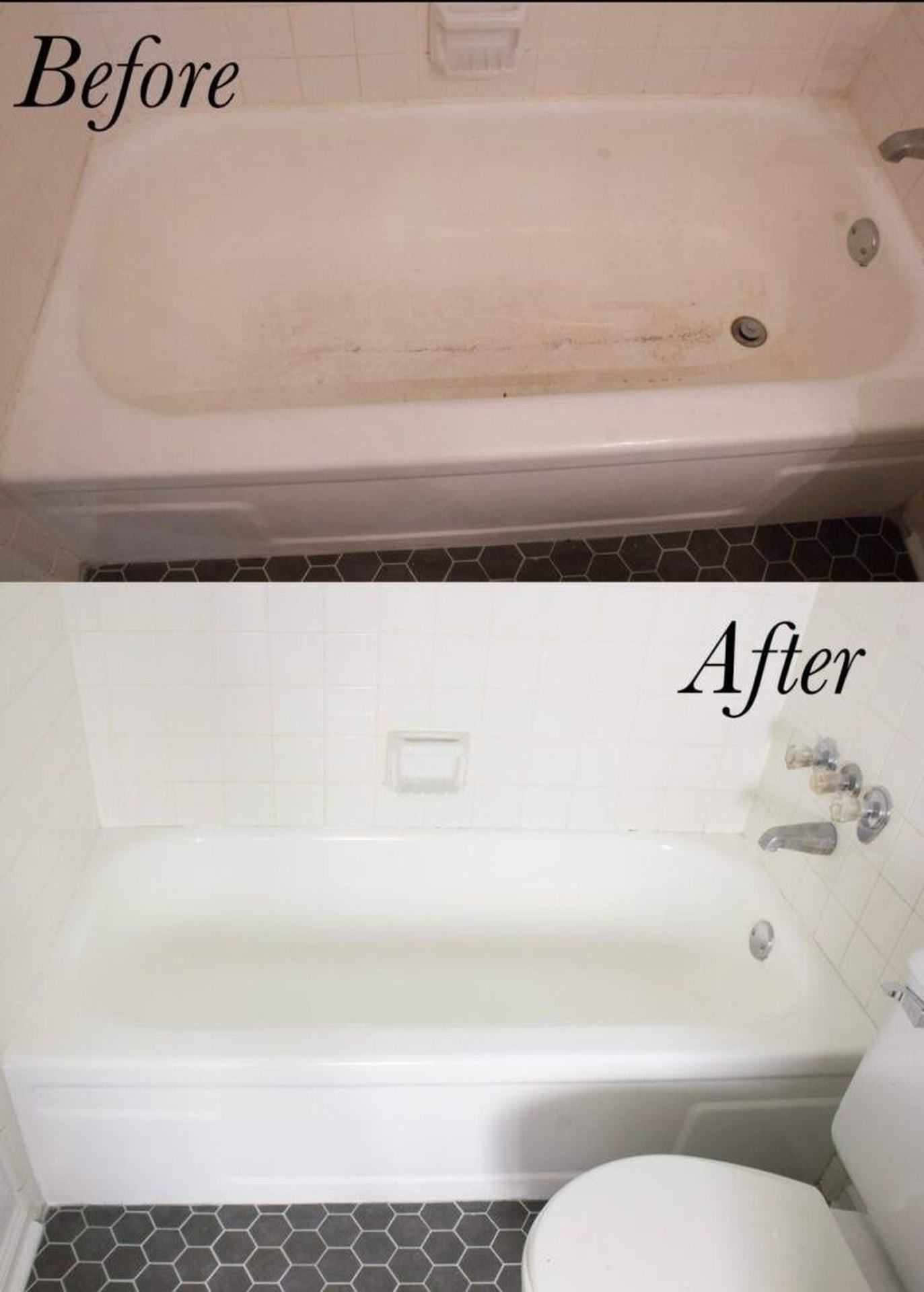 Comparación antes y después de la restauración de una bañera realizada por RRZ LLC