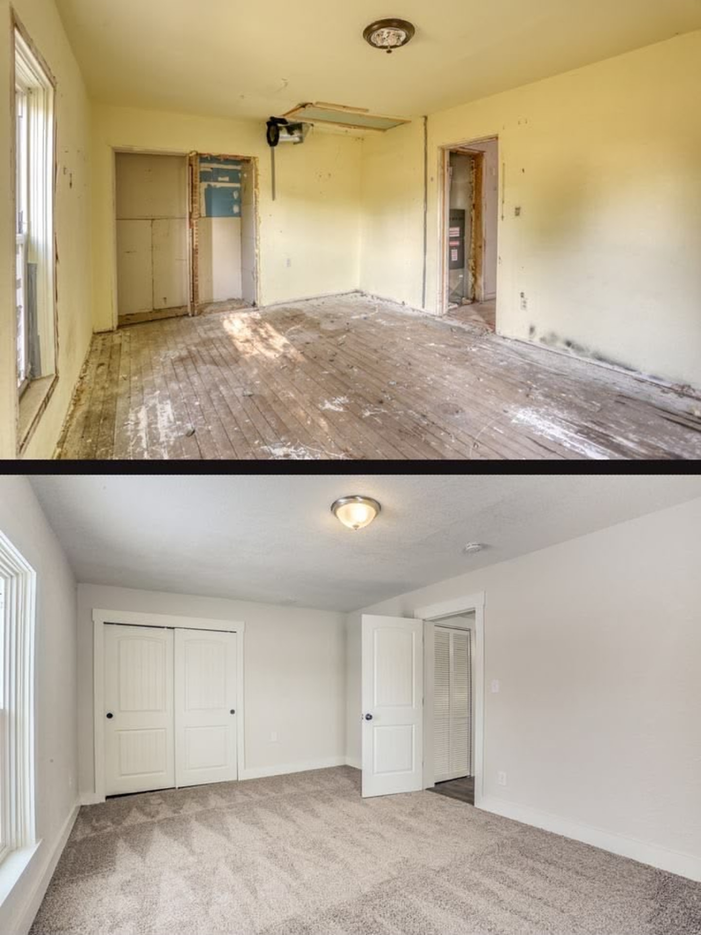 Comparación antes y después de la remodelación completa de una habitación realizada por RRZ LLC