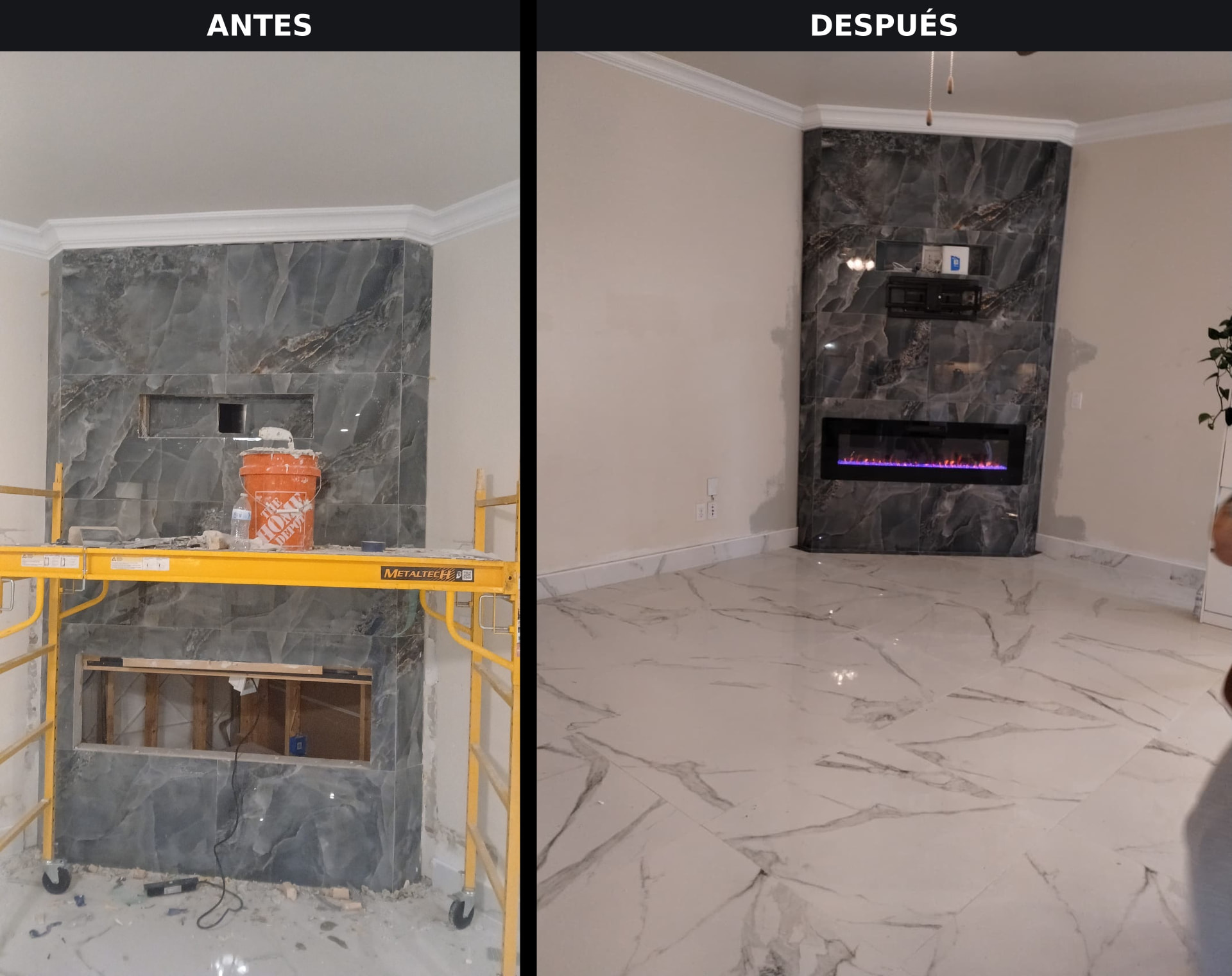 Comparación antes y después de la renovación de una chimenea realizada por RRZ LLC